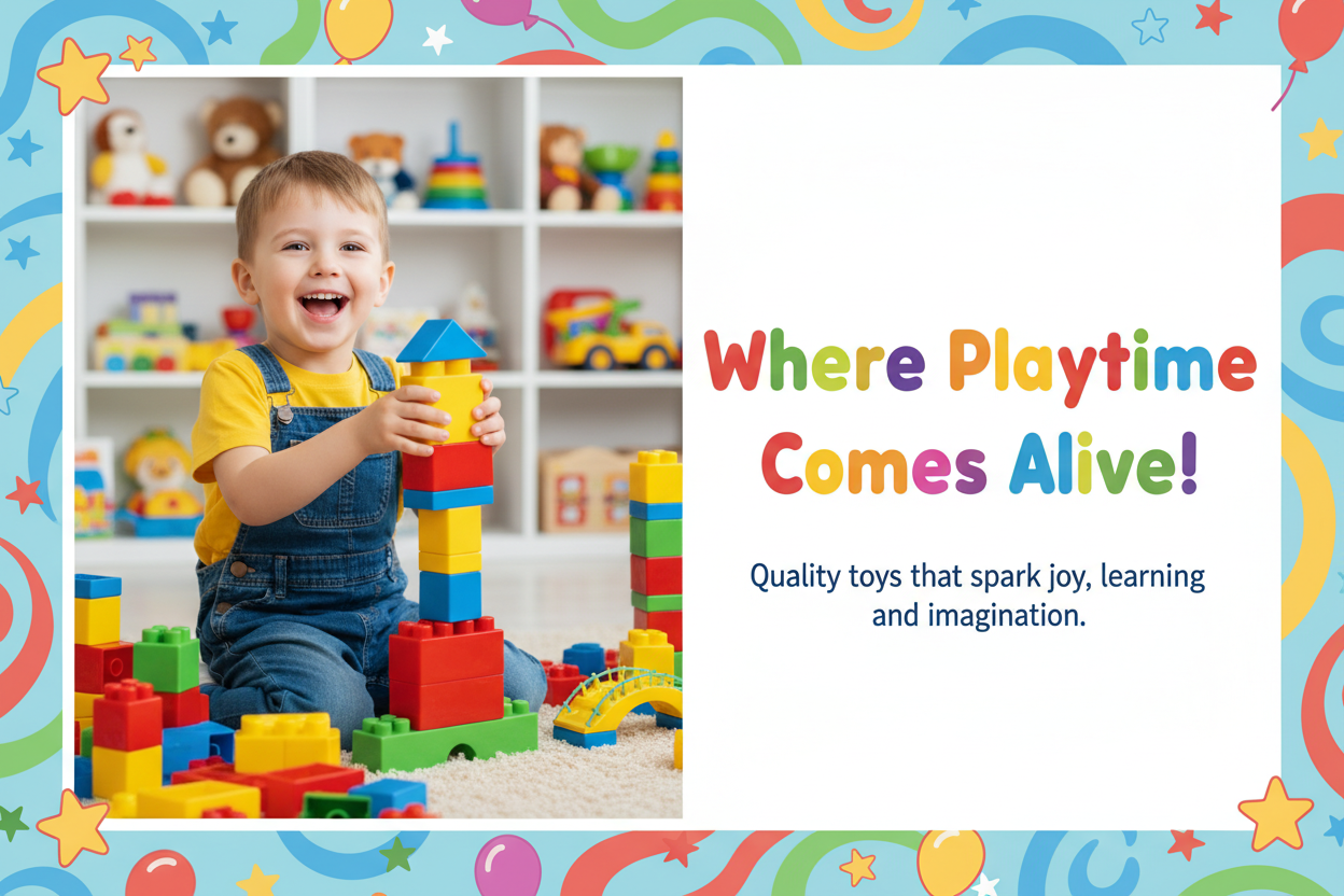 “Create a high-quality, colorful kids’ toy store banner. The banner should be bright, playful, and attractive.
On the LEFT side, place a realistic, high-resolution image of a happy child playing with toys (3 different variations: one with building blocks, one with stuffed animals, and one with educational toys).
On the RIGHT side, add bold, clean, and easy-to-read text with the following content:

Heading:
‘Where Playtime Comes Alive!’

Subheading:
‘Quality toys that spark joy, learning, and imagination.’

